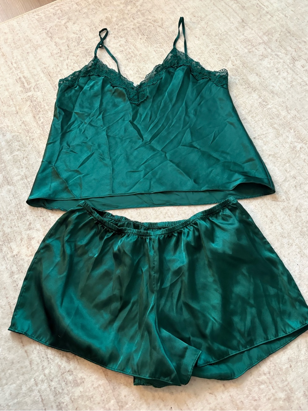 Linea Donatella Emerald Green Satin Lace-Trim Camisole & Shorts Set - Picture 4 of 5